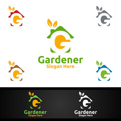 House Gardener Logo with Green Garden Environment or Botanical Agriculture