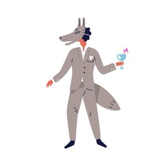 Festive guy in wolf carnival mask vector flat illustration. Funny man in masquerade costume with cocktail at theme party isolated on white. Male having fun at festival, event or holiday