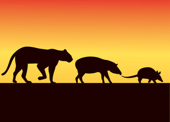 Fototapeta na wymiar group of wild animals silhouettes in the sunset landscape
