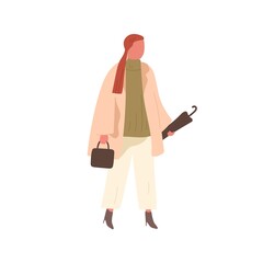 Girl in trendy outfit carrying umbrella and handbag vector flat illustration. Stylish female walking outdoor at spring or autumn clothes isolated on white. Busy fashionable woman going on street