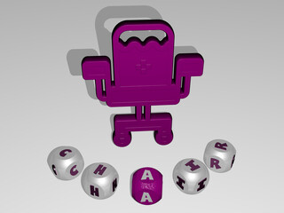 3D illustration of chair graphics and text around the icon made by metallic dice letters for the related meanings of the concept and presentations. background and design