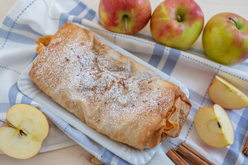Apple strudel with apples, cinnamon