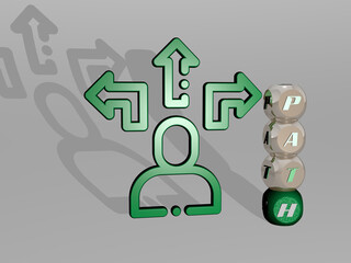 3D representation of path with icon on the wall and text arranged by metallic cubic letters on a mirror floor for concept meaning and slideshow presentation. background and white