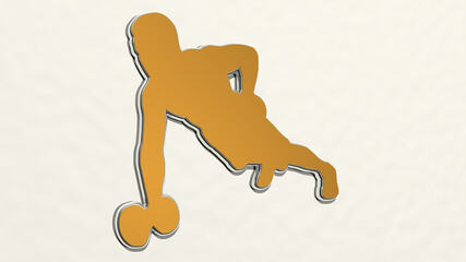 ATHLETIC MAN WORKOUT made by 3D illustration of a shiny metallic sculpture on a wall with light background. athlete and active