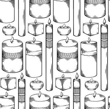 Seamless pattern with relax candles in row. Black and white sketch with hatching. Various wax candles. Vector spa, relaxation elements for wallpaper, backdrop and textile
