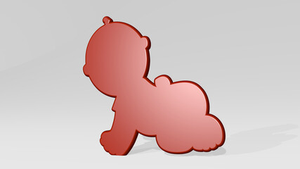 toddler stand with shadow. 3D illustration of metallic sculpture over a white background with mild texture. child and baby