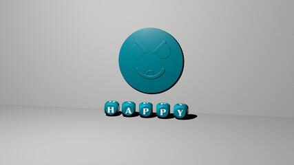 3D representation of HAPPY with icon on the wall and text arranged by metallic cubic letters on a mirror floor for concept meaning and slideshow presentation. background and illustration