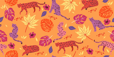 Seamless pattern with tropical leaves and leopards. Vector graphics