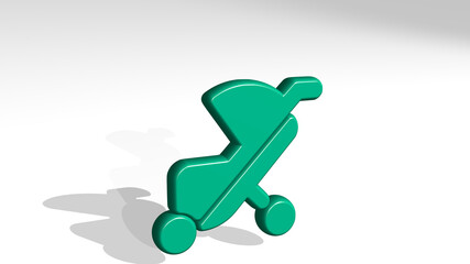 baby care trolley stand with shadow. 3D illustration of metallic sculpture over a white background with mild texture. cute and child