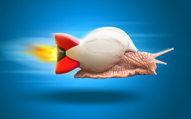Snail flying fast with rocket shell. Business career innovation success concept.