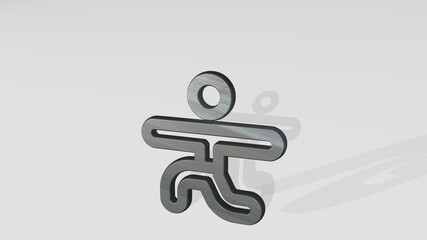 YOGA SHOULDER STRETCH casting shadow with two lights. 3D illustration of metallic sculpture over a white background with mild texture. woman and exercise
