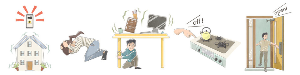 自宅で地震になった際の行動基本パターン4種 © Ko hamari