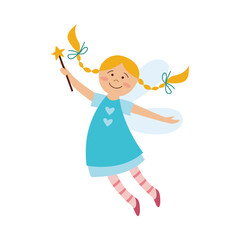 Beautiful fairy girl blonde with a magic wand and wings in a blue dress.