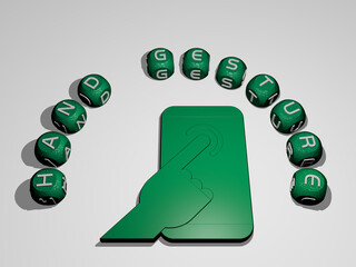 3D graphical image of hand gesture vertically along with text built around the icon by metallic cubic letters from the top perspective, excellent for the concept presentation and slideshows.