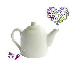 White porcelain teapot and steam in the form of a flower heart