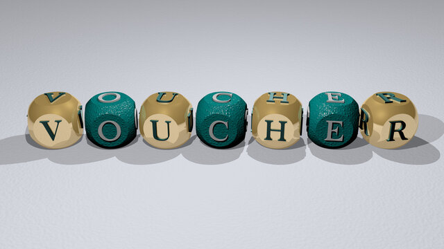 voucher combined by dice letters and color crossing for the related meanings of the concept. illustration and gift