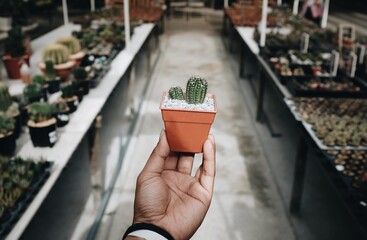 Close up of the hand Holding a cactus in a pot In the tree shop