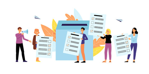 Cartoon people putting paper poll results in box, campaign team holding survey forms