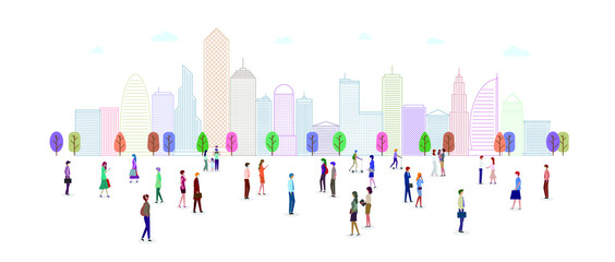 A group of people in the city park. People in various gestures, such as standing, walking, talking with mobile phone. Website header or banner design. Vector illustration.