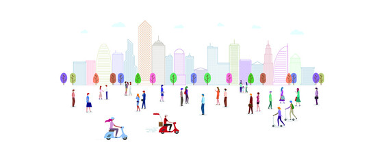 A group of people in the city park. People in various gestures, such as standing, walking, talking with mobile phone. Website header or banner design. Vector illustration.