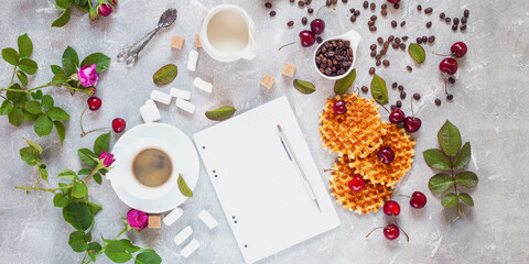 Coffee, milk and wafers.