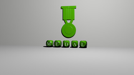 3D illustration of medal graphics and text made by metallic dice letters for the related meanings of the concept and presentations. award and icon