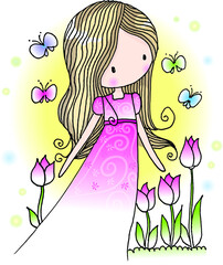 vector cartoon long hair beauty girl in the tulip garden