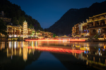 Night in Fenghuang Ancient Town, Hunan Province, China.