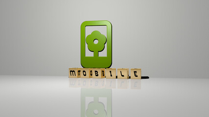 3D graphical image of mobile vertically along with text built by metallic cubic letters from the top perspective, excellent for the concept presentation and slideshows. illustration and icon