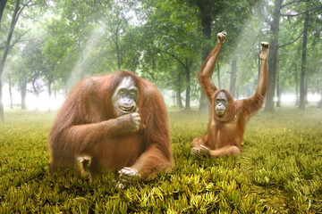 Naklejka premium Orangutan in the forest with sunny weather
