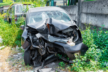 Broken black car because of the crash accident