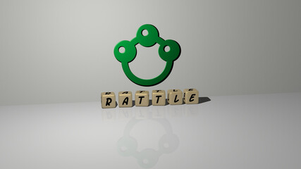 3D representation of rattle with icon on the wall and text arranged by metallic cubic letters on a mirror floor for concept meaning and slideshow presentation. baby and illustration