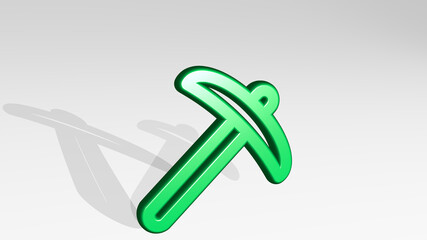 tools pickaxe from a perspective with the shadow. A thick sculpture made of metallic materials of 3D rendering. illustration and background