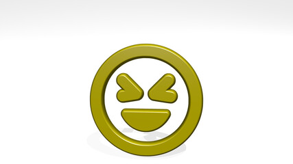SMILEY PRANK ALTERNATE stand with shadow. 3D illustration of metallic sculpture over a white background with mild texture. face and icon