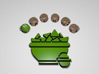 3D representation of NACHOS with icon on the wall and text arranged by metallic cubic letters on a mirror floor for concept meaning and slideshow presentation. mexican and chips