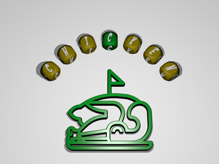 3D illustration of chicken graphics and text around the icon made by metallic dice letters for the related meanings of the concept and presentations. background and food