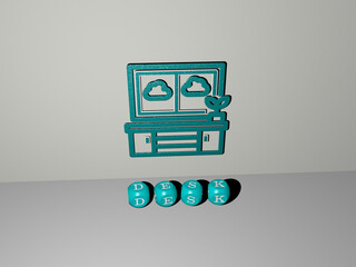3D graphical image of desk vertically along with text built by metallic cubic letters from the top perspective, excellent for the concept presentation and slideshows. business and background