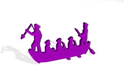 BOAT AND SAILORS made by 3D illustration of a shiny metallic sculpture on a wall with light background. blue and beautiful