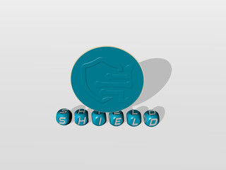 3D representation of shield with icon on the wall and text arranged by metallic cubic letters on a mirror floor for concept meaning and slideshow presentation. illustration and design