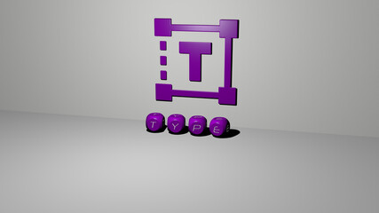 3D representation of type with icon on the wall and text arranged by metallic cubic letters on a mirror floor for concept meaning and slideshow presentation. illustration and background