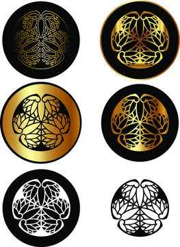 Japanese Family Crests symbol. KAMON. Tokugawa clan mon or emblem. Maruni Mitsu(ba) Aoi, the hollyhock crest of the Tokugawa clan. Vector illustration.