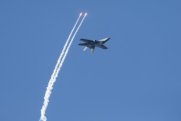 Fighter jet aircraft firing countermeasures flares to avoid missiles.