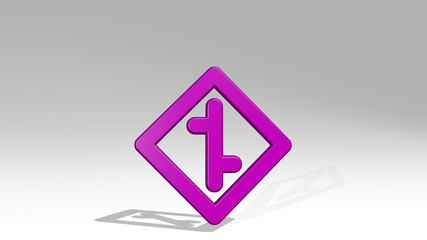 ROAD SIGN STAGGERED CROSSROAD 1 ALTERNATE from a perspective with the shadow. A thick sculpture made of metallic materials of 3D rendering. background and city