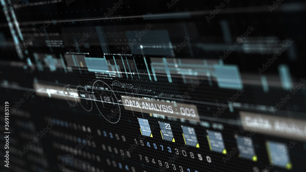 Leinwandbilder Futuristic holographic simulation of artificial neural networks, artificial intelligence deep learning performing analytic computational head up display background