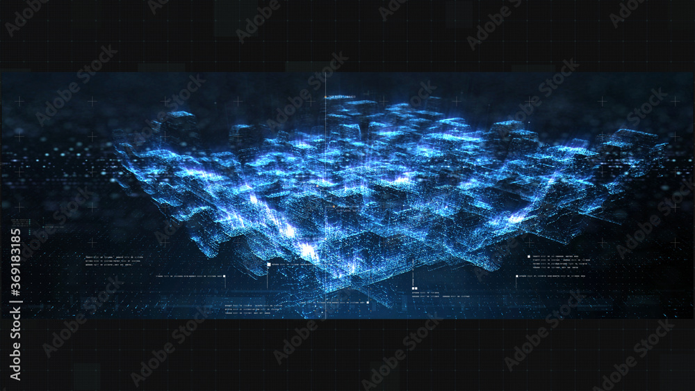 Aufkleber Futuristic holographic simulation of artificial neural networks, artificial intelligence deep learning performing analytic computational head up display background