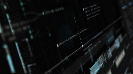 Futuristic holographic simulation of artificial neural networks, artificial intelligence deep learning performing analytic computational head up display background