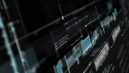 Futuristic holographic simulation of artificial neural networks, artificial intelligence deep learning performing analytic computational head up display background
