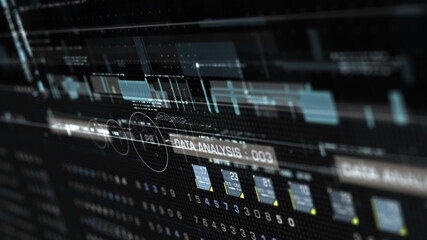 Futuristic holographic simulation of artificial neural networks, artificial intelligence deep learning performing analytic computational head up display background