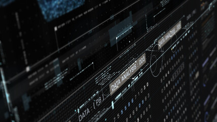Futuristic holographic simulation of artificial neural networks, artificial intelligence deep learning performing analytic computational head up display background