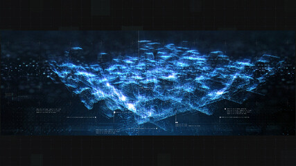 Futuristic holographic simulation of artificial neural networks, artificial intelligence deep learning performing analytic computational head up display background